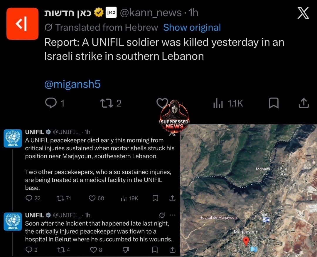 Israel's State Broadcaster Confirms Israeli Strike Killed UNIFIL Peacekeeper in South Lebanon