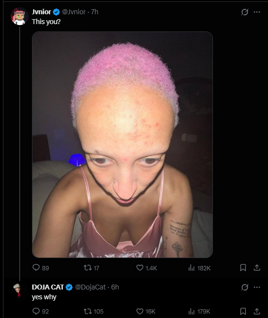 CryptoFaverity's tweet photo. YO THIS IS GOOD

Doja cat been tweeting shit about elon and the post is going really viral, elon is 1000% gonna answer to this

People are spamming this one ugly ass pic off her and calling her the Bacteria Cat

The post already has over 3 mil views in under 8h and so many news about this

https://t.co/QkGd4N7YBu