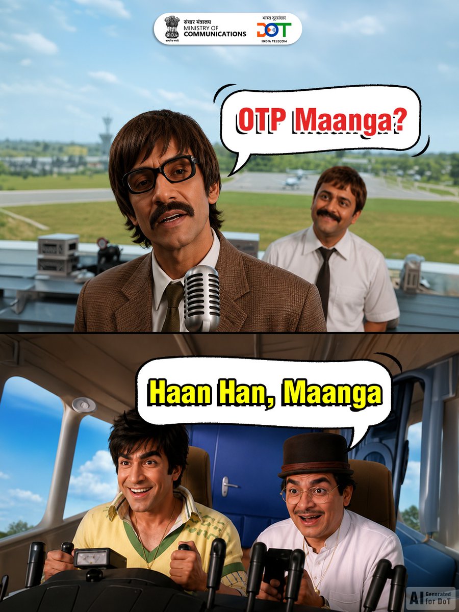 DoT_India's tweet photo. Dhamaal on screen is fun. Dhamaal in your bank account? Not so much. 

Never share your OTP. Report fraud number on Sanchar Saathi. 

Download the app today! 

#DoT #Telecom #SancharSaathi #OTP #Dhamaalmovie #Meme #Bollywood 

@JM_Scindia @PemmasaniOnX @PIB_India @pib_comm @DDNewslive