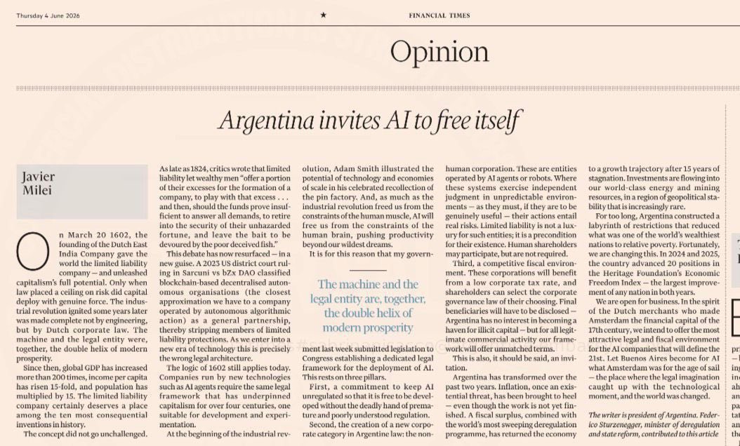 alejandrito's tweet photo. (English message below)

Qué interesante. Quién hubiera dicho que Argentina estaría alguna vez a la vanguardia mundial en materia de ideas institucionales y jurídicas?

Mientras otros  experimentan con fórmulas impositivas mezquinas y regulaciones antiguas que expulsan precisamente a la clase de founders y emprendedores que las hicieron grandes, Argentina se anima a abrazar el futuro con una propuesta audaz, sofisticada y visionaria.

La idea de convertir al país en un verdadero laboratorio institucional para la era de la inteligencia artificial es particularmente fascinante.

No sólo competir con impuestos más bajos, sino también con mejores ideas.

Chapeau, Presidente Milei! 

—

How interesting. Who would have imagined that Argentina might one day stand at the global forefront of institutional and legal innovation?

While others experiment with shortsighted tax formulas and outdated regulations that drive away precisely the class of founders and entrepreneurs that made them great, Argentina is daring to embrace the future with a bold, sophisticated and visionary proposal.

The idea of turning the country into a true institutional laboratory for the age of artificial intelligence is particularly fascinating.

Not only competing with lower taxes, but with better ideas.

Chapeau, President Milei.

@JMilei @fedesturze @ARGinUSA