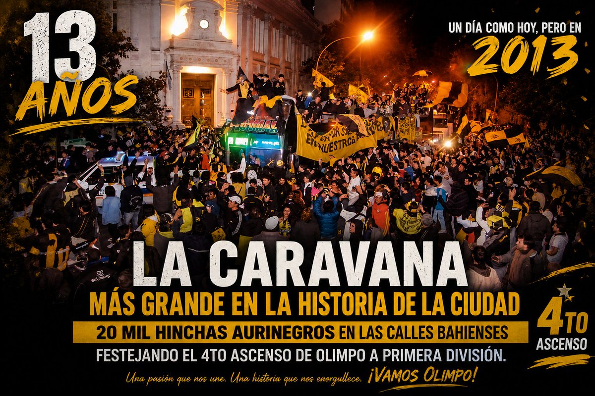 OlimpoStreaming's tweet photo. 🖤💛 13 AÑOS DE UNA NOCHE INOLVIDABLE

Un día como hoy, pero en 2013, Bahía Blanca fue testigo de una celebración histórica. Más de 20.000 hinchas aurinegros coparon las calles de la ciudad para festejar el 4° ascenso de Olimpo a Primera División. https://t.co/SBodTyYYAV