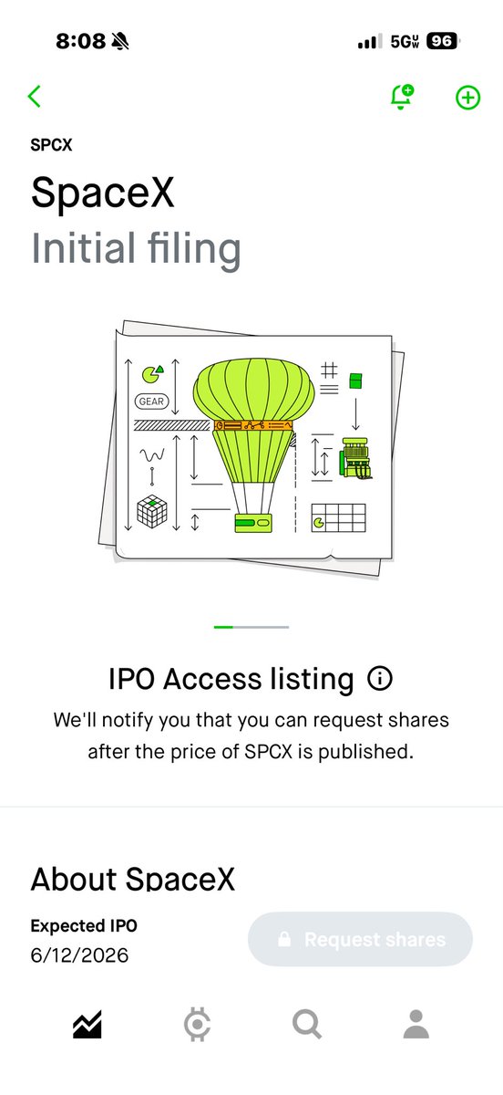 Sheewwww's tweet photo. Space X IPO is in pre launch in Robinhood 👀 https://t.co/F0xzWY4foj