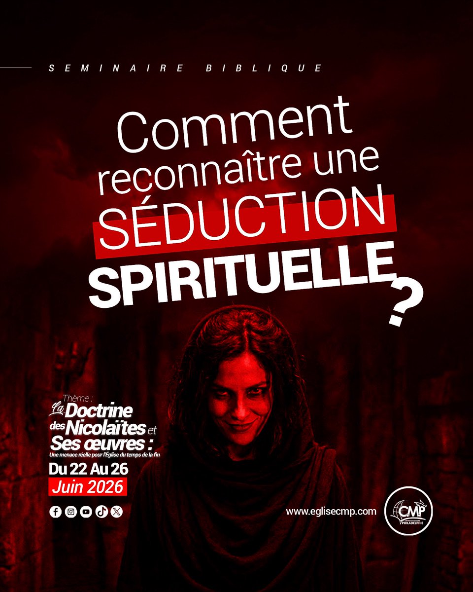EgliseCMP's tweet photo. ⚠️ Le danger le plus subtil est celui qui séduit sans être remarqué.

Comment reconnaître une séduction spirituelle ?
Du 22 au 26 juin 2026, Dieu nous appelle à un temps d’enseignement profond, de discernement et d’éveil spirituel 🔥

#eglisecmp #SéductionSpirituelle #SeminaireBiblique #LaDoctrineDesNicolaitesEtSesOeuvres
