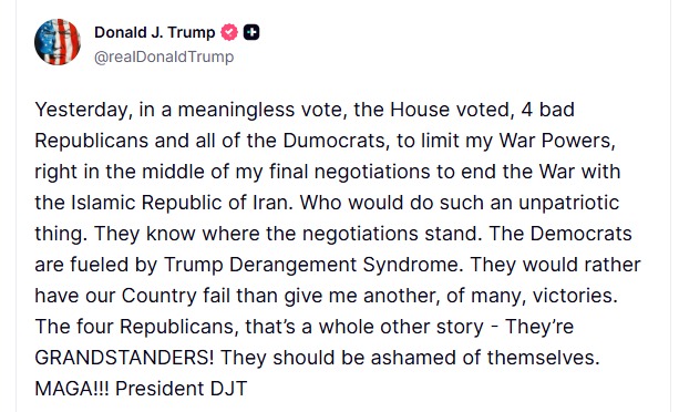 sidhant's tweet photo. Trump upset over US house vote on Iran war: https://t.co/USiTVgCX50