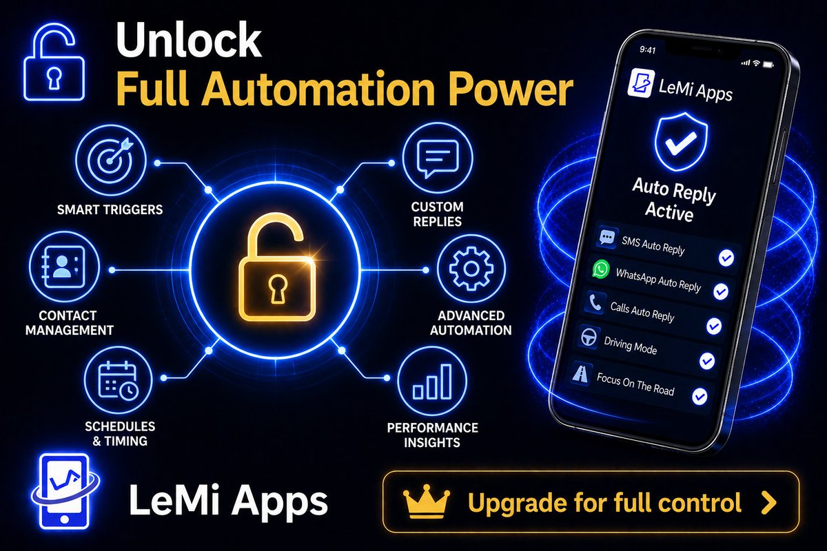 LeMiApps's tweet photo. What do premium auto-reply features unlock?
Full control over triggers, contacts, schedules, and advanced automation—so your communication works exactly the way you want.

Upgrade for full control.
https://t.co/Mz0iwQlCYm

 #AutoReply #Productivity #SMSAutomation #LeMiApps https://t.co/Qr20frz99V