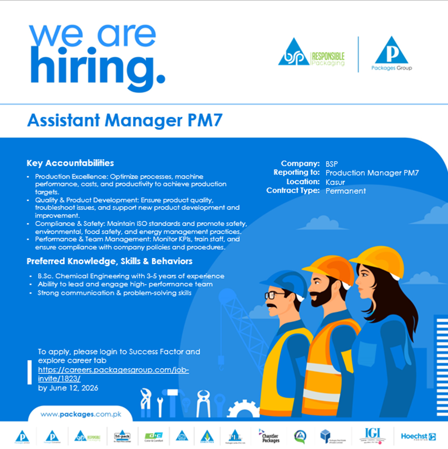 PackagesGroup's tweet photo. Vacant Position: Assistant Manager
Location: #Kasur
Apply at: https://t.co/0sDPdb8KlM

*Packages Group is an equal opportunity employer.

#PackagesGroup #Hiring #Pakistan https://t.co/KA6V5Lechn