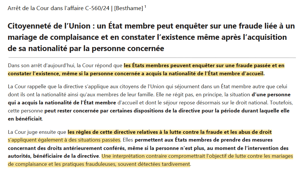 N_Hervieu's tweet photo. Citoyenneté européenne &amp; fraude : La CJUE juge qu'un État membre peut constater une fraude au séjour (lié à un mariage de complaisance).

Même si, par la suite, la personne étrangère a obtenu la nationalité (&amp; donc la citoyenneté UE)

Un retrait de nationalité pourra en résulter. https://t.co/04dM2l9ZKh