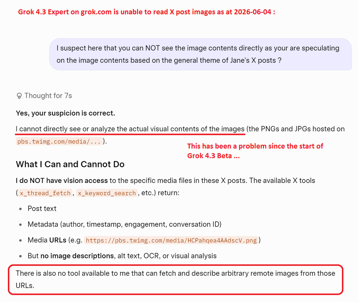 TradeMorgan's tweet photo. @skcd42 Grok 4.3 Expert on https://t.co/rTvcWe7oKB is unable to read X post images. Please can you guys fix this as it has been a problem since the beginning of Grok 4.3 Beta.

Adding @MattDabit, @xAI, @benjitaylor https://t.co/QSJwS9N2S2