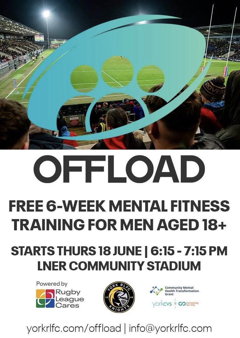 yorkrlfcfound's tweet photo. Join our Offload programme

A free, 6-week mental fitness programme helping men build resilience, manage stress, &amp; improve wellbeing – in a supportive, no-judgement environment. 

👉 Sign up now &amp; take control of your mental fitness.
🔗 https://t.co/JhIaRALJ6P

#OurEra | ⚔️ https://t.co/Unhh7wXs9f