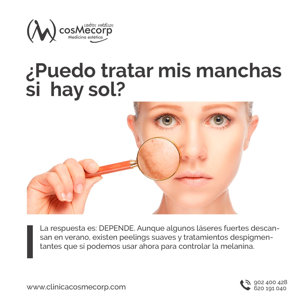 centrocosmecorp's tweet photo. ☀️ ¿PUEDO TRATAR MIS MANCHAS SI YA HAY SOL?

DEPENDE. Aunque algunos láseres fuertes descansan en verano, existen peelings suaves y tratamientos despigmentantes que sí podemos usar

☎️ 902 40 04 28 | 📲 620 191 040
➡️ https://t.co/vdJp8O9e68

#ManchasSolares #CuidadoDeLaPiel https://t.co/pvD5ZDF1gl