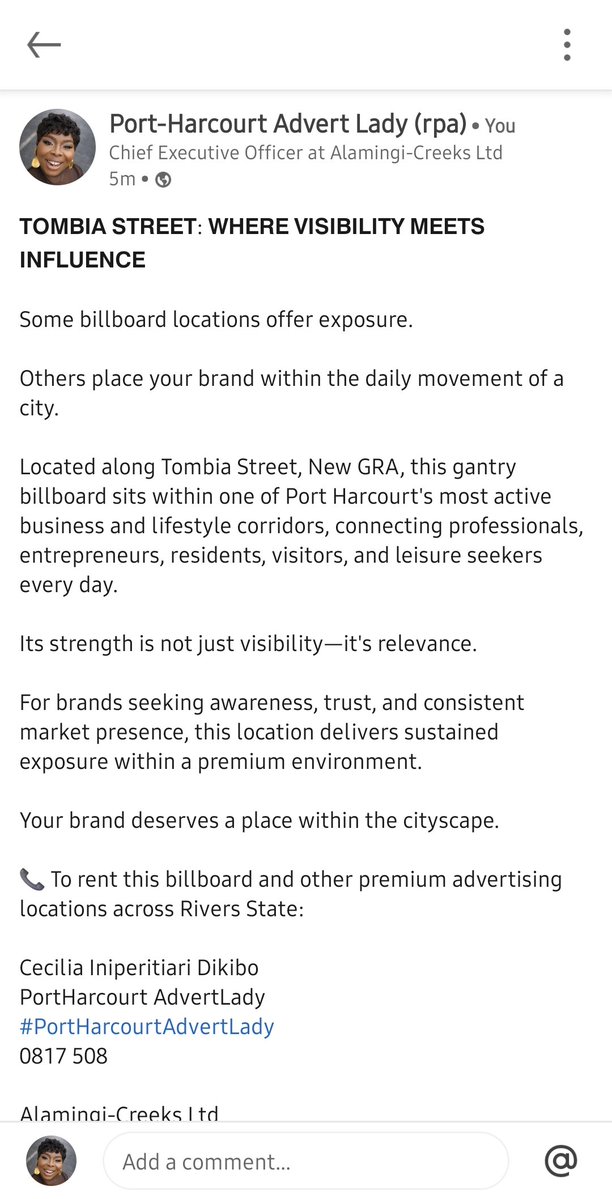 Datoofthecreeks's tweet photo. 𝗧𝗢𝗠𝗕𝗜𝗔 𝗦𝗧𝗥𝗘𝗘𝗧, 𝗡𝗘𝗪 𝗚𝗥𝗔
Position your brand on one of Port Harcourt's most strategic corridors.

Ideal for: ✔ Brand Awareness ✔ Real Estate ✔ Financial Services ✔ Events ✔ Education ✔ Hospitality

📞 0817 508 5159

#AdvertLady #OOHAdvertising  #PortHarcourt https://t.co/UTwIUNGPgP