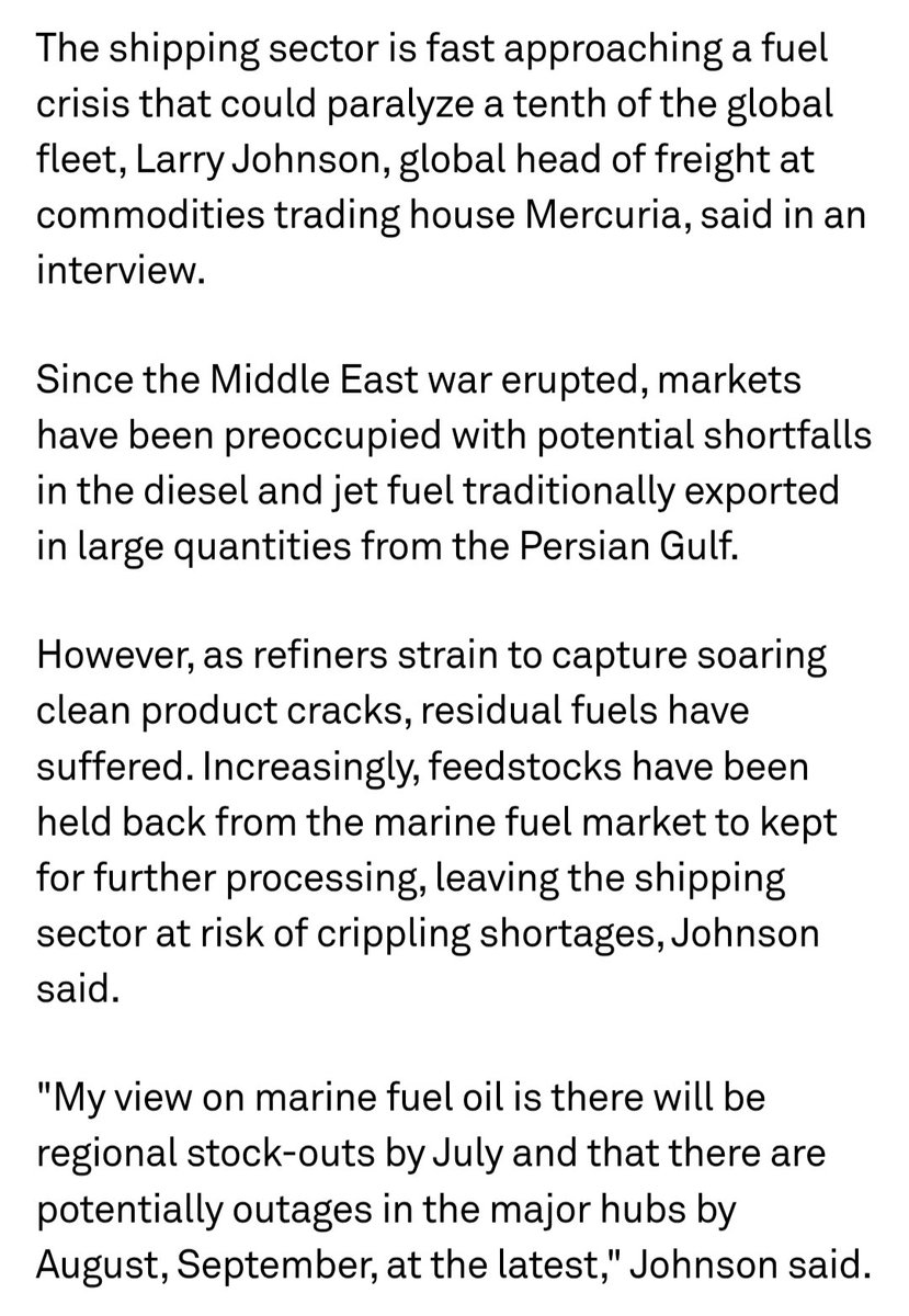 MarhelmData's tweet photo. Mercuria head of freight says 10% of global ships could be forced to stop next month due to fuel shortages https://t.co/tYD2mWkodT