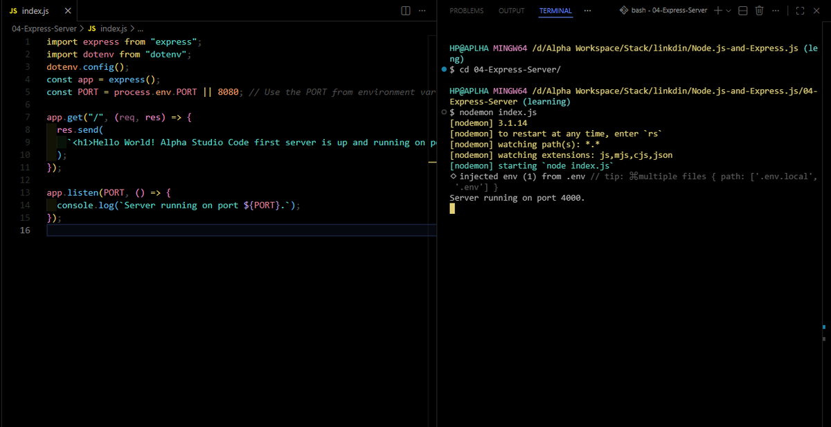 ALPHASTUDIOCODE's tweet photo. π Day 04 of learning Node.js!
Today I built my first backend server with Express.js. It's amazing to see how a few lines of code can get a server up and running.
The journey continues. See you guys out there! π
#WebDevelopment #ZeroToDeployment #Nodejs https://t.co/RgzIilXYMK