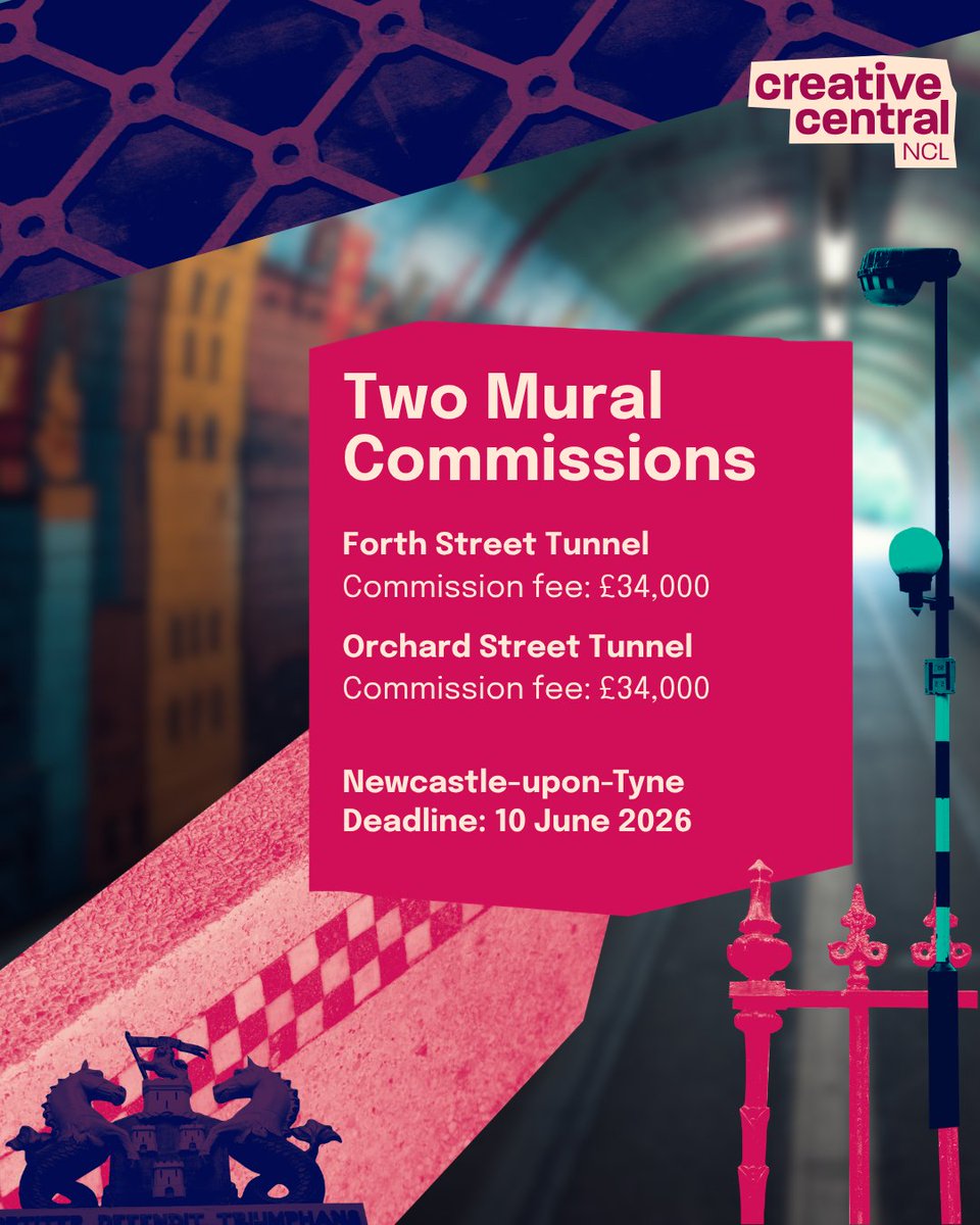 ArtRabbit's tweet photo. #ArtOpps Alert 📢: Two major mural commissions in Newcastle-upon-Tyne

Artists are invited to propose large-scale mural artworks near Newcastle Central Station. Creative Central NCL is looking for site-responsive proposals.

✍️ Apply by 10 June
🔗 https://t.co/o3YV8B9vy1 https://t.co/I6NaJZC1xG
