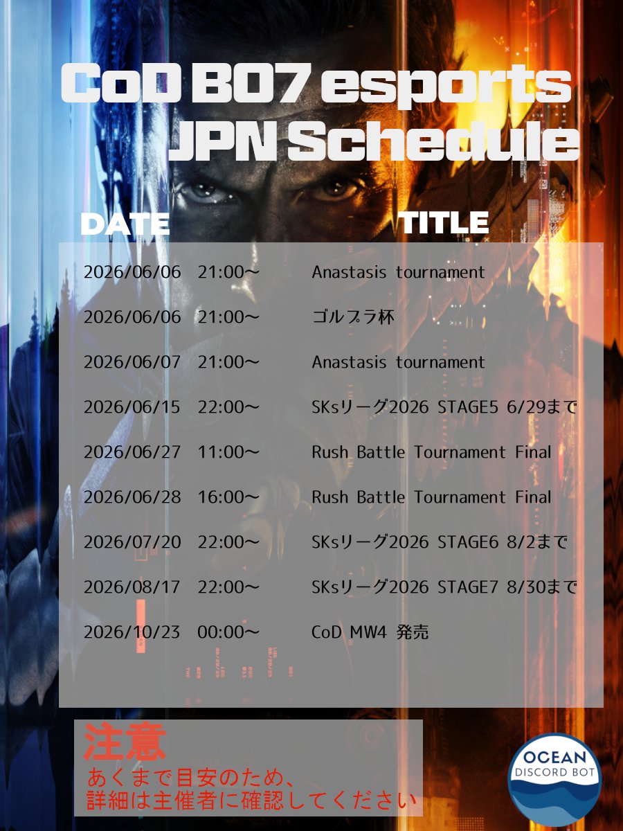 Game_Ocean_bot's tweet photo. CoD BO7 の直近の大会・イベント開催予定 
↓↓↓
2026/06/06  21:00～Anastasis tournament
2026/06/06  21:00～ゴルプラ杯
2026/06/07  21:00～Anastasis tournament
2026/06/15  22:00～SKsリーグ2026 STAGE5 6/29まで
2026/06/27  11:00～Rush Battle Tournament Final
 plze #BO7 #CallofDuty https://t.co/c8j9MqXpRF