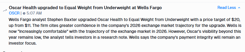ThCompounder's tweet photo. Wells Fargo just upgraded $OSCR WITH 20$ PT

this is the firm that had it at Underweight w/ $11 PT while Barclays was at $30, UBS at $20, Piper at $25, Baird at $19
that ship just docked. last bear capitulated. tape doesnt lie

source: https://t.co/di6CIZUVDx https://t.co/db8TacYv1s