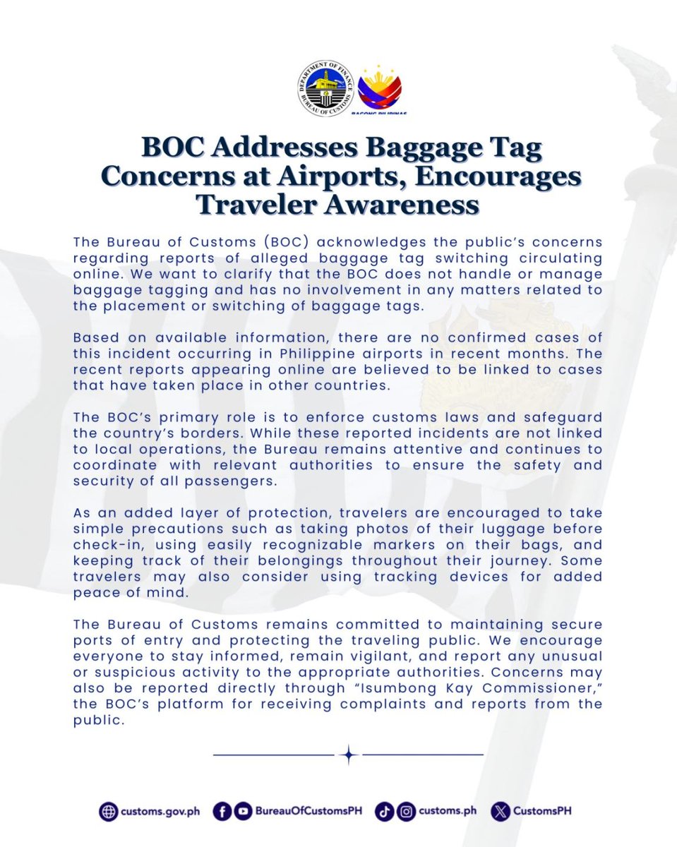 jdtabile's tweet photo. LOOK: The Bureau of Customs has issued a statement addressing reports of alleged baggage-tag switching that have been circulating online. │ @bworldph https://t.co/ZDG959YsUi