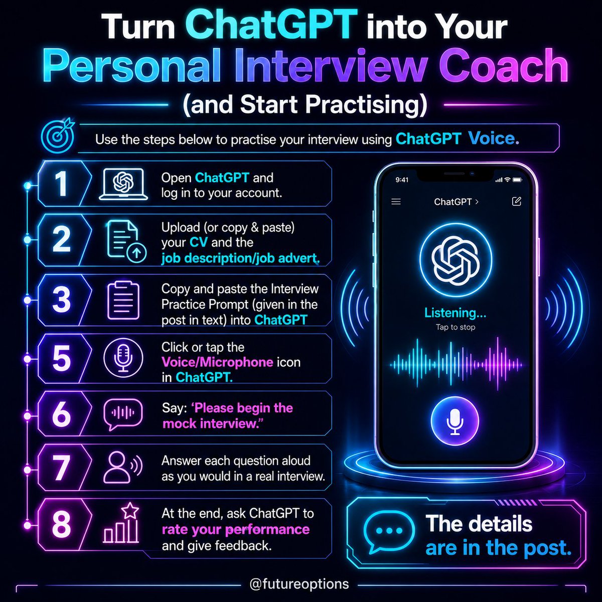 FutureOptionsUg's tweet photo. 🎯 Turn ChatGPT into your personal interview coach.

Practice realistic mock interviews based on your CV and target job, get follow-up questions, and improve your interview confidence.

👉 https://t.co/BrUFZo2GSX

#InterviewPrep #JobSearch #ChatGPT https://t.co/pVB8NvhNRA