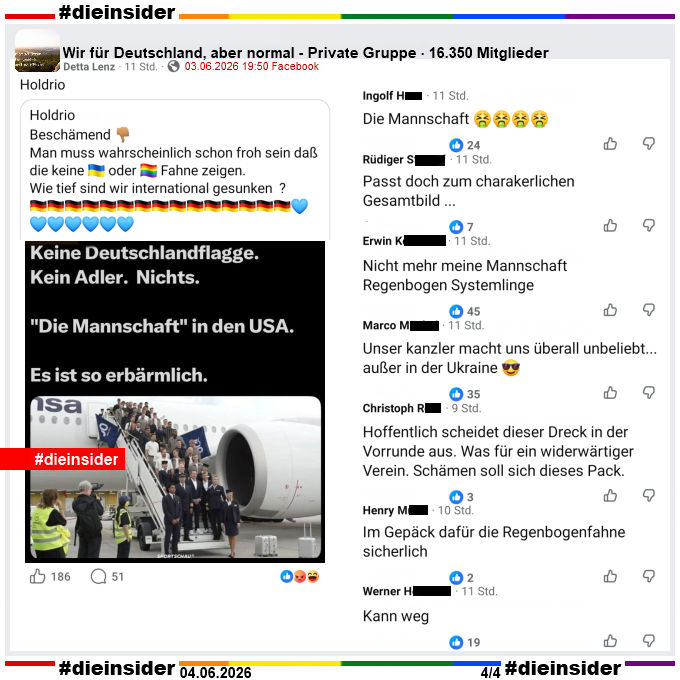 Die_Insider's tweet photo. Das @DFB_Team ist mit einem Linienflugzeug der Lufthansa zur #WM2026 in die USA gestartet.
 
Die Kommentare der #AfD Anhänger strotzen nur so vor Hass, Lügen, Verschwörungen und Rassismus!
 
#LautGegenNazis #AfDVerbot #DFB
#Antifaschismus #GemeinsamGegenHass #DieInsider https://t.co/39vAk3rC95