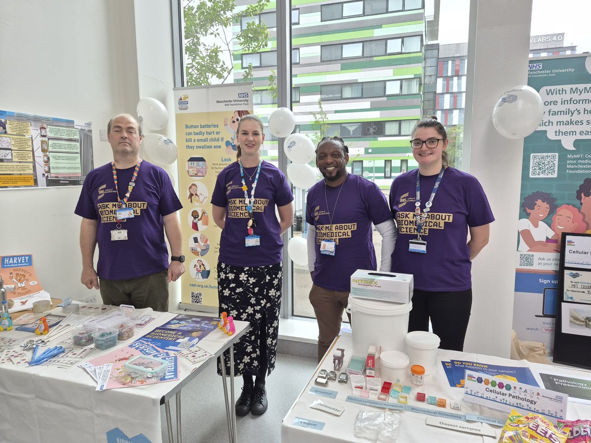 LabMedicineMFT's tweet photo. Our lab teams are in the atrium at the Royal Manchester Children's Hospital right now for #BiomedicalScienceDay #Attheheartofhealthcare https://t.co/9qdvw7Prf1