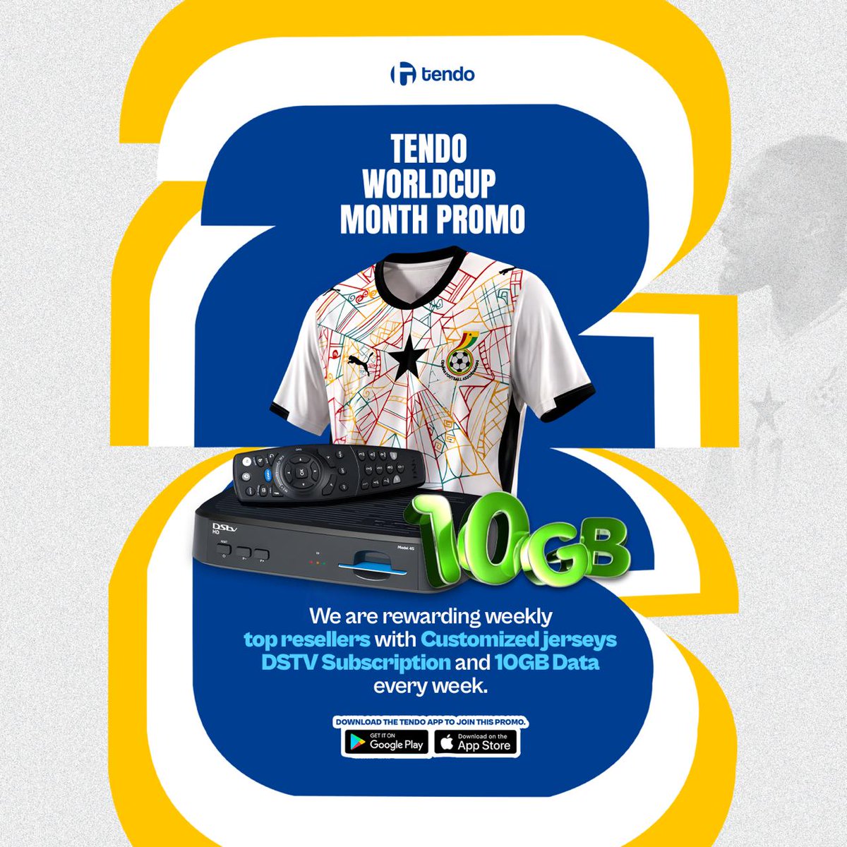 TendoHq's tweet photo. Tendo WorldCup promo

Win customized jerseys, subscriptions and free data as the weekly top seller with Tendo.

Download the Tendo to get started. https://t.co/a8EqQ9IHpR