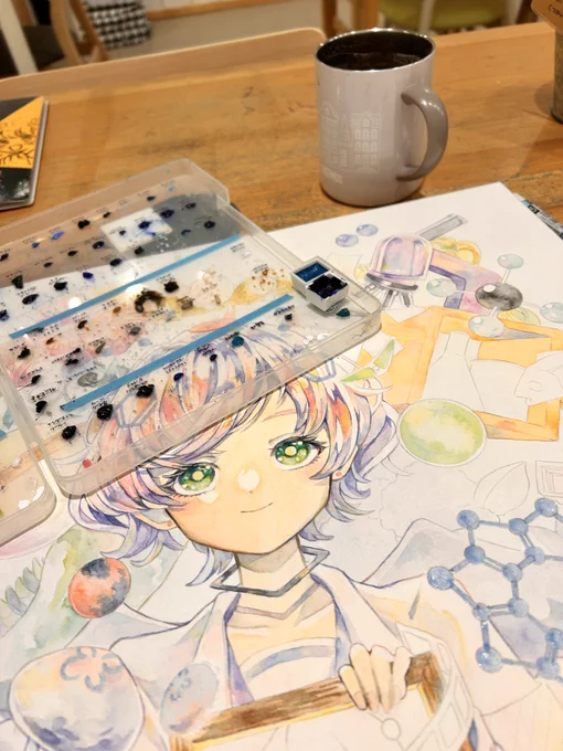 自宅の机が狭すぎて大きい絵の作業が捗らないので、久しぶりにcaféアトリエさん( )にお邪魔しました とても進んだ