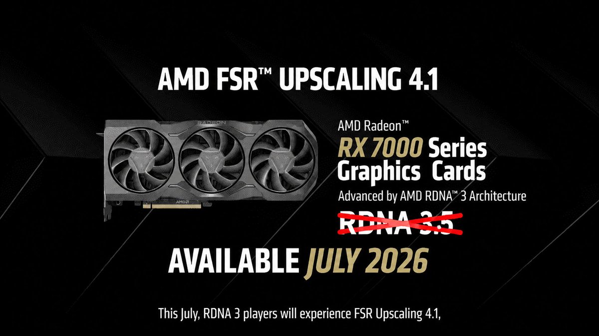 aschilling's tweet photo. AMD currently says "no" to FSR 4.1 on RDNA 3.5, despite the fact that dGPUs on RDNA 3 and RDNA 2 will get it in July / beginning 2027.

https://t.co/OppTsnsrNK https://t.co/xNfoLfOcfn
