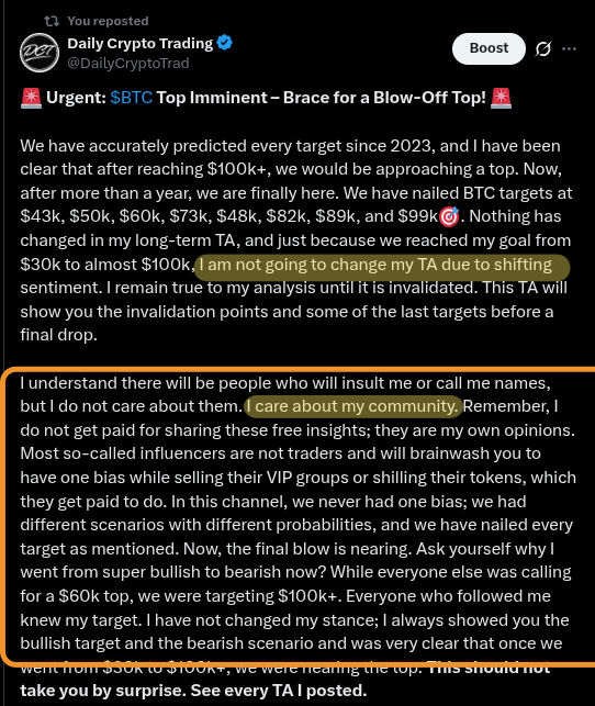 DailyCryptoTrad's tweet photo. I did not change my stance. I cared about my community then, and I still care about my community today.

I have never been paid for sharing my insights. I have been called every name in the book, ridiculed, mocked, and even had large influencers go out of their way to attack my TA.

None of that changed anything.

I am, and always will be, true to my community and true to myself. I will never change my analysis just because it becomes unpopular. I follow the charts, the data, and my convictions, not the crowd.

Whether people agree with me or not is their choice. My job has always been to share what I genuinely see in the market, and that is exactly what I will continue to do.. $BTC