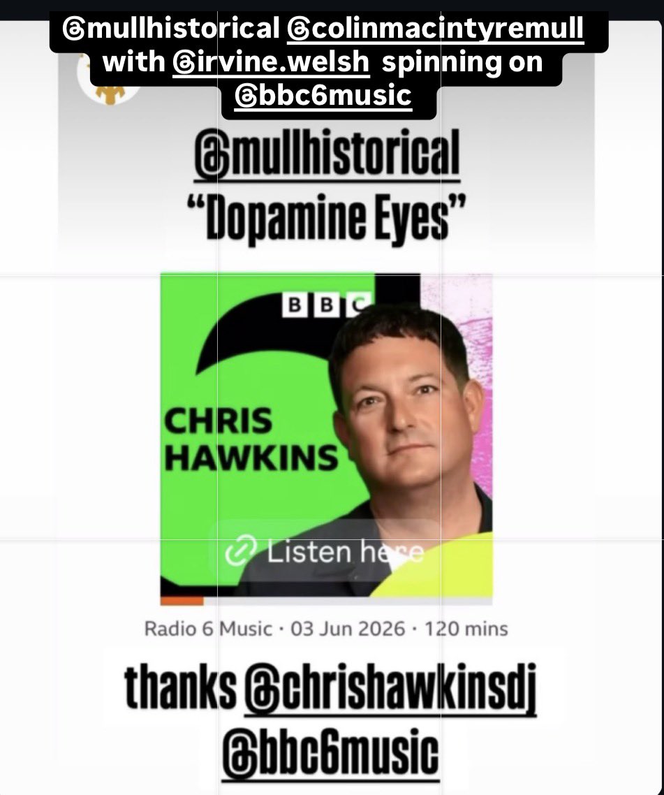 colinmacIntyre's tweet photo. MHS ‘Dopamine Eyes’ with @IrvineWelsh spinning on @BBC6Music thanks @chris_hawkins ! 

Listen Again:

https://t.co/2BBWeeH0F8

New @MullHistorical album ‘In My Mind There’s A Photograph’ out now! @lnfglasgow 

MHS on tour, starting London @SPOCMusic tonight. A few tix left! https://t.co/ldRgr9KerO