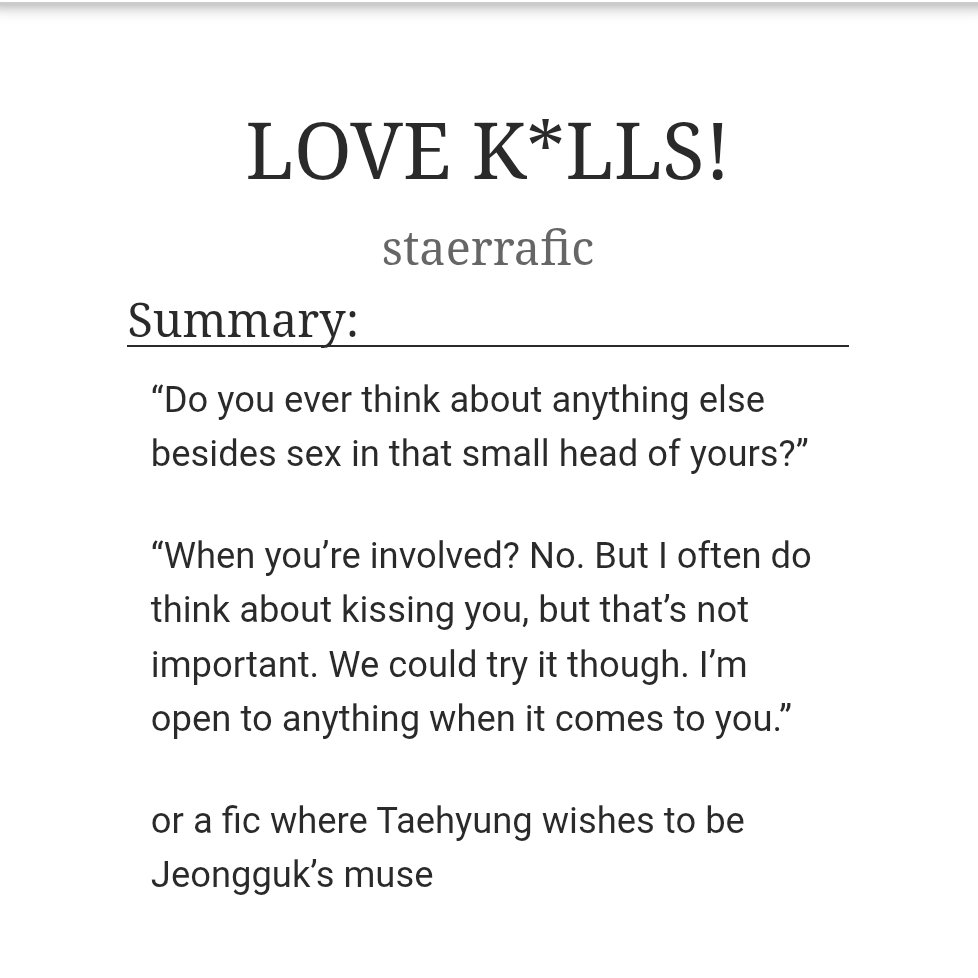gugutetestar's tweet photo. #starec

#taekookau

ᕗ LOVE K*LLS! 
– @staerrafic 

• explicit, completed | 20k 
• rockstar jk , CEO th 
• established relationship 
• insecure th, protective jk 

🔗 https://t.co/0cJ42mUYoD https://t.co/QP2SDbn7oO
