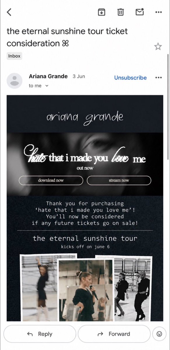 glindaupland's tweet photo. fans are reportedly receiving an email thanking them for purchasing “hate that i made you love me” and saying they will be considered for future tour tickets. https://t.co/Kui0cGWtLP