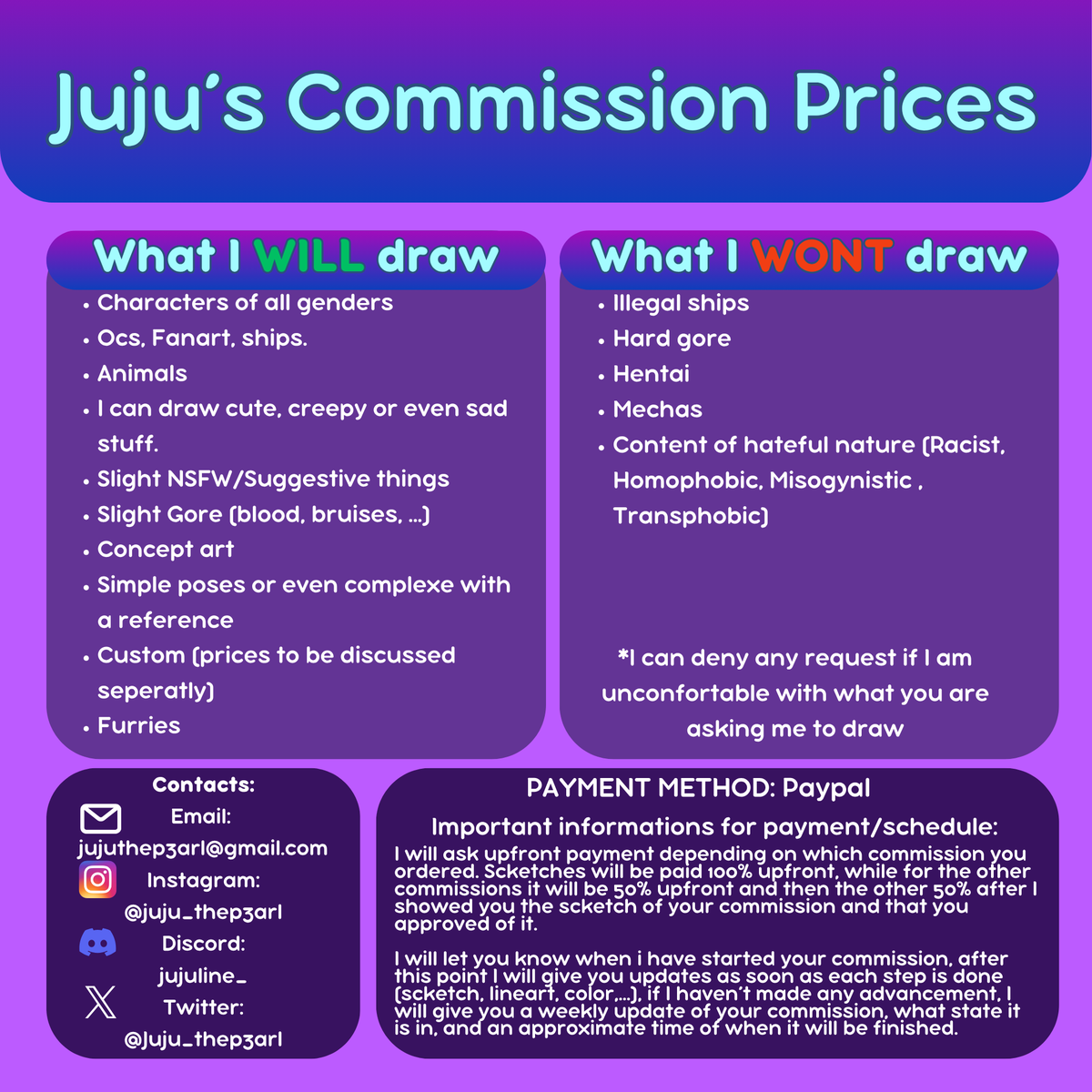 Juju_thep3arl's tweet photo. I HAVE OFFICIALLY OPENED MY COMMISSIONS! 
If you want more details don't hesitate to ask me :3
Remember to like share and comment to get this through the algorithm, I would greatly appreciate it!
#commissionsheet #commissionwork #artㅤㅤㅤㅤ #drawingsㅤㅤ #digitalartㅤㅤㅤㅤ https://t.co/cVSImNgdBp