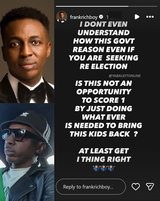 yabaleftonline's tweet photo. "Even if you are seeking re-election, is this not an opportunity to score 1 by just doing whatever is needed to bring this kids back?" – Gospel artiste, Frank Edwards https://t.co/4QNBJLWhW7