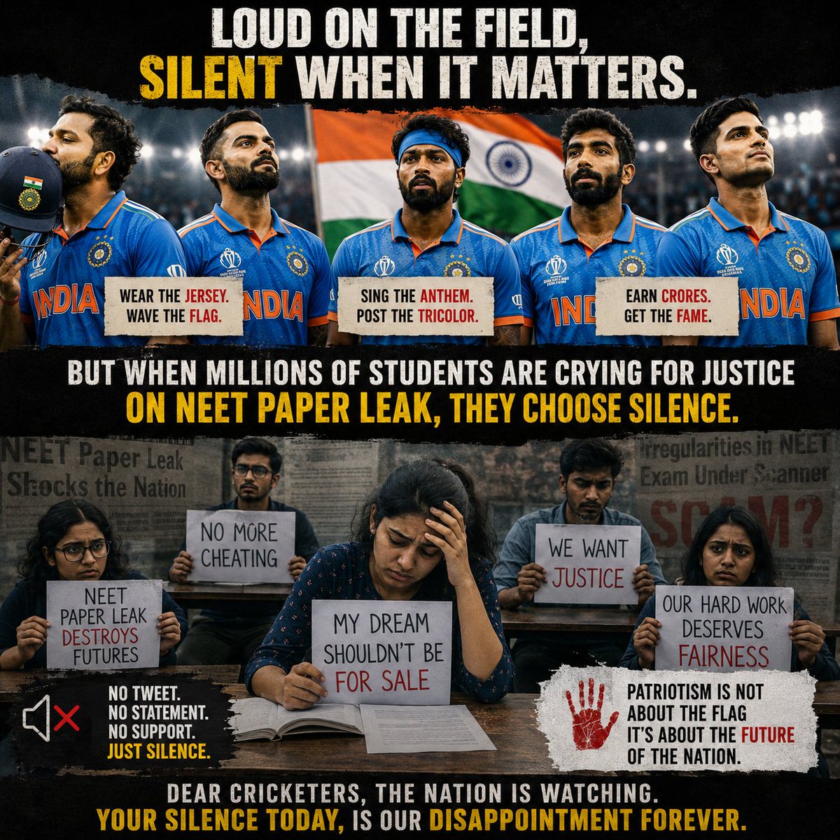Deba_RTI's tweet photo. @imVkohli @RCBTweets Patriotism is not measured by how often someone waves the flag on the cricket field. It is measured by whether they stand with India's youth when millions of students face uncertainty over NEET. Silence from influential voices is disappointing. https://t.co/HMRSoFJPaH