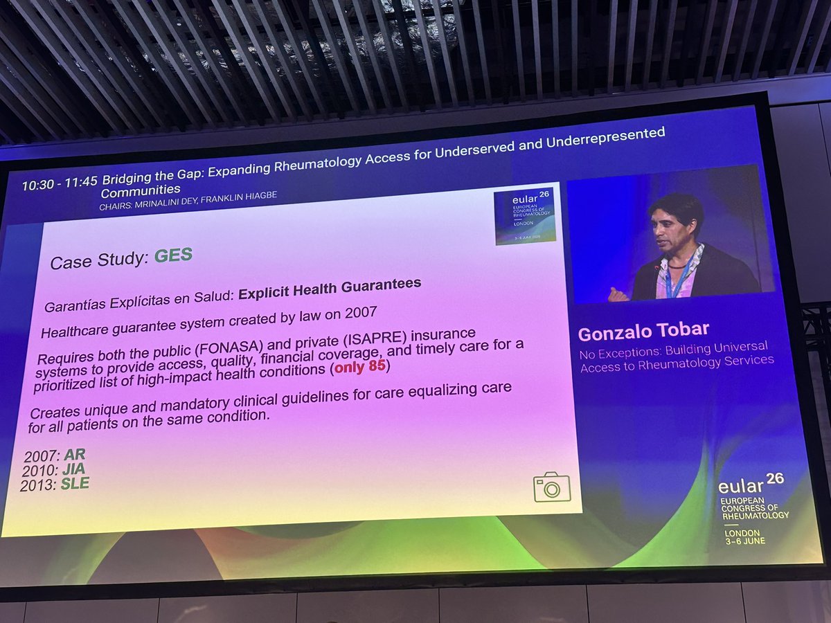 LupusEurope's tweet photo. Access is also a policy issue.

@pinkycito from @Lupus_Chile shows how Chile’s Explicit Health Guarantees GES, a system that sets legal guarantees for access, quality, timely care &amp; financial coverage, can help make rheumatology care more equal, including for #lupus.

#EULAR2026 https://t.co/Dt6OUrjkj7