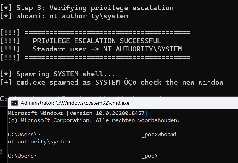Unrealisedd's tweet photo. Found a 0-day in a widely deployed Windows kernel driver. Any local user → NT AUTHORITY\SYSTEM on fully patched Win11 25H2 due to a race condition leading to a UAF.

Single exe, one click, instant shell.

Report submitted. https://t.co/pVl7VWBRl3