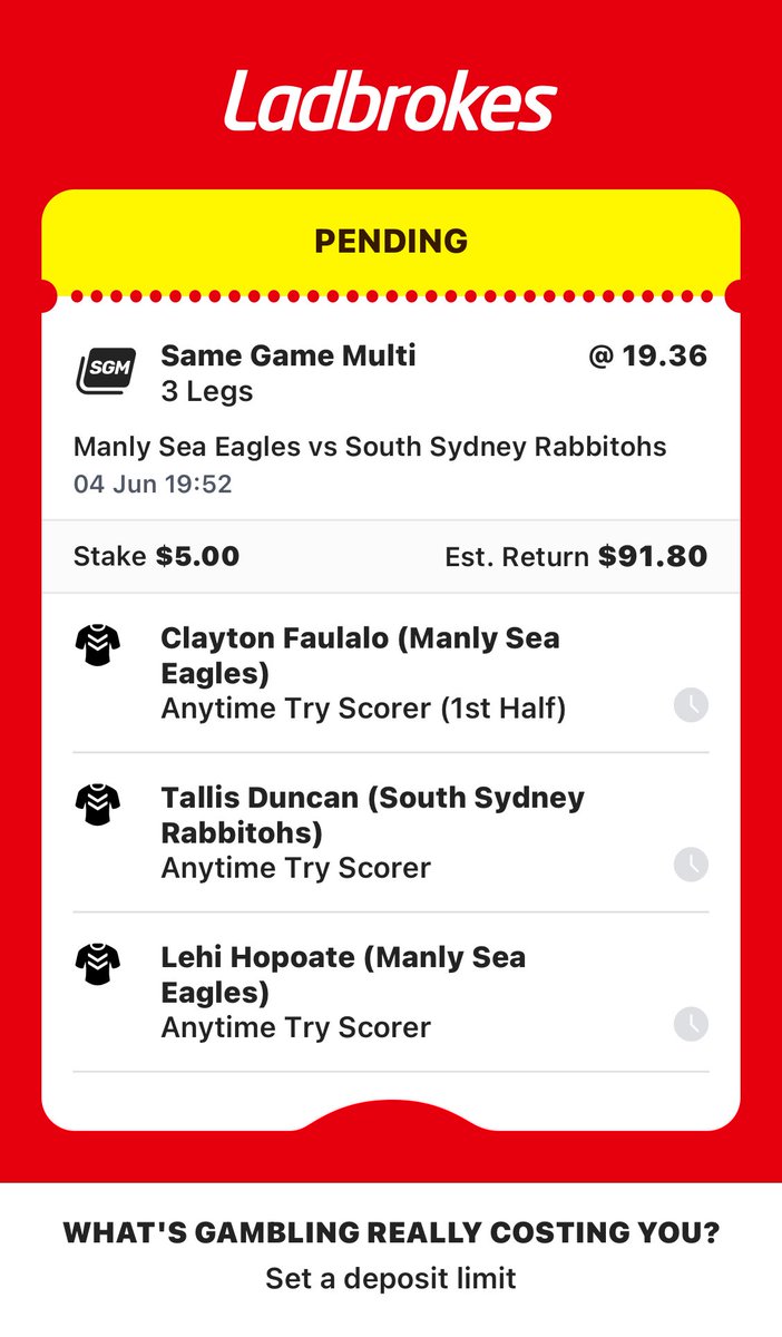 durrymunchas's tweet photo. Manly v Rabbitohs 

Chucked a 5 dollar bonus bet on this like the spots for these players 🤞 https://t.co/KxR1fQBYo3