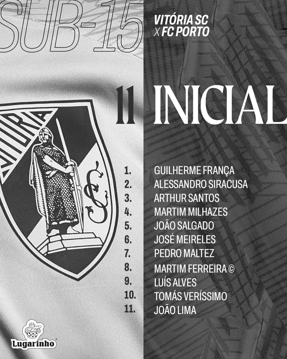 VitoriaSC1922's tweet photo. Os onze escolhidos para hoje⚔️
🕚 11 horas
📍 Campo 6, Academia VSC
ℹ️ Jornada 14 da Fase de Apuramento de Campeão
#UnidosPeloVitória • #Sub15 • #VSCFCP https://t.co/K2qcULhUfW