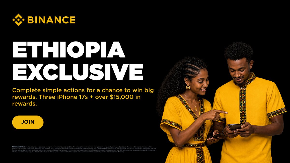 BinanceAfrica's tweet photo. 🇪🇹 Ethiopia, this one's for you!

Complete eligible actions on Binance for a chance to win one of three iPhone 17s plus a share of $15,000 in rewards.

The more actions you complete, the more chances you earn.

Join now 👉 https://t.co/yerl2jtsFM https://t.co/RFIhroR75T