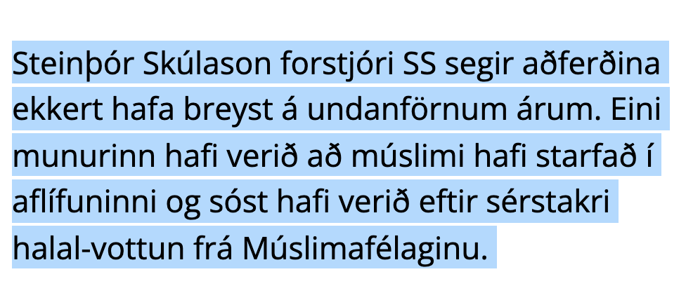 Anima44444's tweet photo. SS ætla að halda áfram að halal slátra.

Þeir ætla hins að hætta að sækjast eftir vottun.

Múslimi sem hefur starfað hjá þeim í mörg ár við slátrun fær greinilega frjálsar hendur til að gera það sem honum sýnist.

Ég mun ekki versla við SS hér eftir, treysti þeim ekki.

https://t.co/dNhqyd2CQe