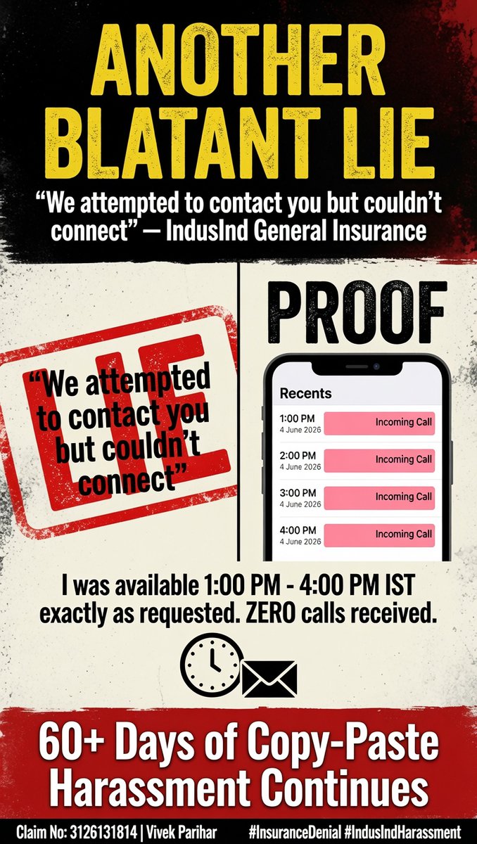 vparihar's tweet photo. @IndusIndGenIn
65+ days of silence.

Then I post publicly → you reply within hours claiming “we tried calling but couldn’t connect.” 

I share full call logs (ZERO calls).  

You flip in minutes to: “We’ve shared your request with the concerned team.”  

So… was the “concerned team” sleeping for 2 months? 

However, after 65+ days since the claim and multiple public posts, we are still only getting:
“noted your concern… will connect shortly.”

I still have zero: 
• Surveyor Report
• Technical proof of “gross negligence”
• Written resolution timeline  

Claim 3126131814 | Engine Protector add-on paid extra | Pune flood 2 April 2026 with 5yo daughter trapped in car.

I’ve already escalated on Bima Bharosa & to the Ombudsman.  

Requesting the full surveyor report and a firm timeline in writing at the earliest.

#ClaimStories #InsuranceDenial #BimaBharosa #IRDAI