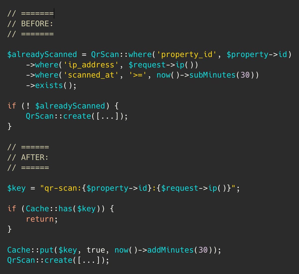 PovilasKorop's tweet photo. Laravel tip.
Some DB operations happen REPEATEDLY within short time.

Example: tracking QR scans / page views?
Someone can scan/visit same page within minutes.

Don't query the DB to check "did this IP already count?". 

Drop a short-lived cache key.
It's fast and self-expiring. https://t.co/2scuIYh8JH