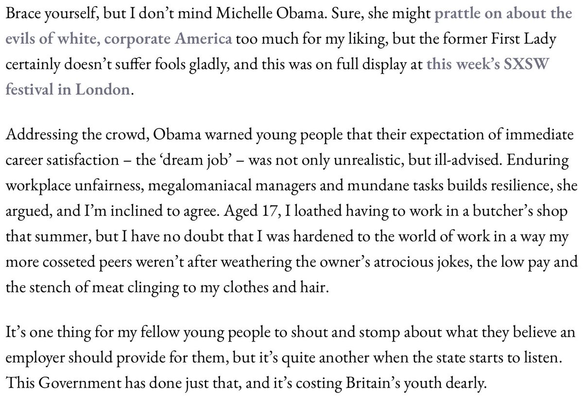 jcdinnage's tweet photo. Michelle Obama is right: young people need to toughen up and accept they might not enjoy their first job.

It's not up to employers to cater to our every need.

Now we're seeing what happens when you base employment legislation on the demands of teenagers and unions

Me in @CapX https://t.co/QGVuyGb4tV