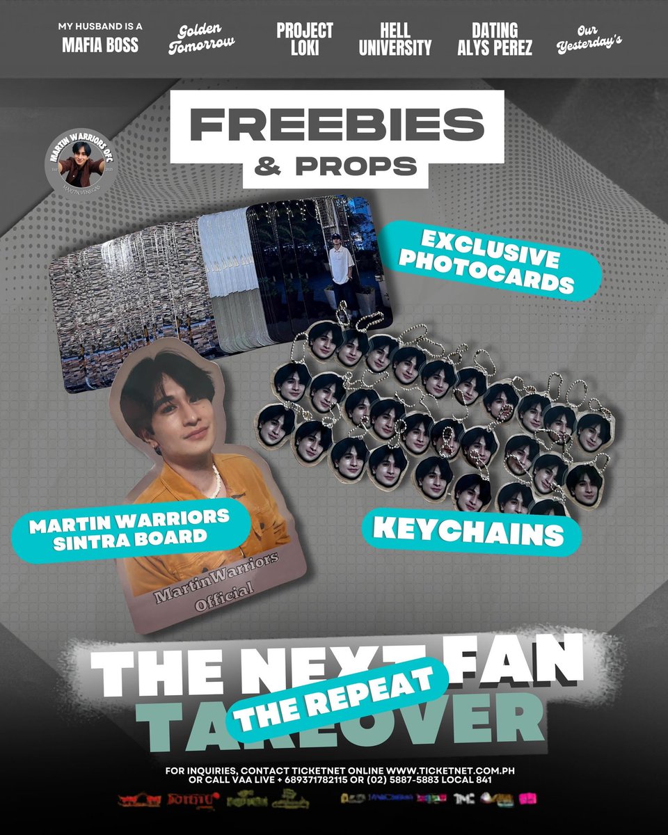 Martinwarriors_'s tweet photo. The Next Fan Takeover The Repeat is just around the corner!🩶
Here's our freebies &amp; props for  this June 6 at the New Frontier Theater! Don't forget to drop by our booth to claim your keychain &amp; photocard of Martin! 
Kitakits Warriors!🪖 https://t.co/hH7Kpv8cGS