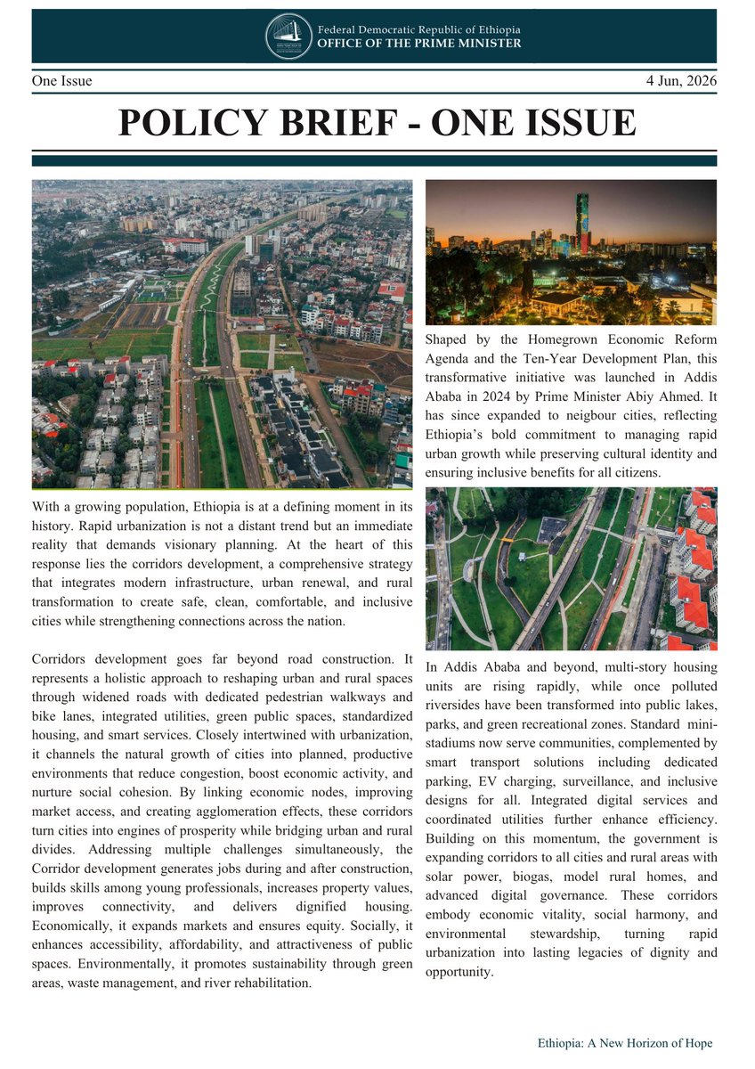 PMEthiopia's tweet photo. Policy Issue Snapshot - June 4, 2026   

#PMOEthiopia #EthiopiaDelivers https://t.co/Yf0AgdnsHG