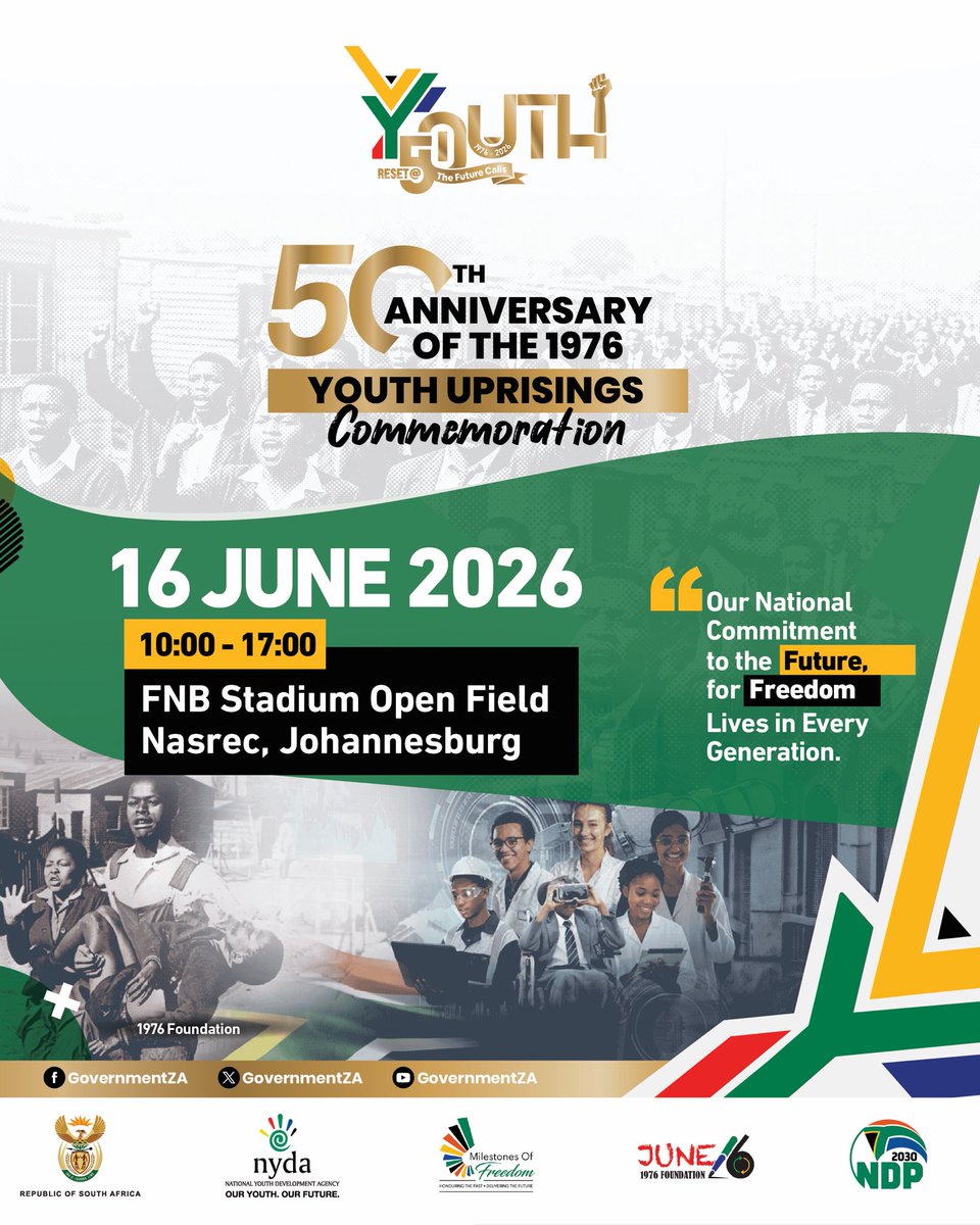 SportArtsCultur's tweet photo. Youth Month 2026 begins! 🇿🇦

Under the theme #RESETat50 – The Future Calls, we honour the legacy of 1976 while advancing economic inclusion for all young people.

Join us on 16 June at Orlando Stadium, Soweto, for the national Youth Day commemoration.

#YouthMonth2026 https://t.co/CvNis2C9CL