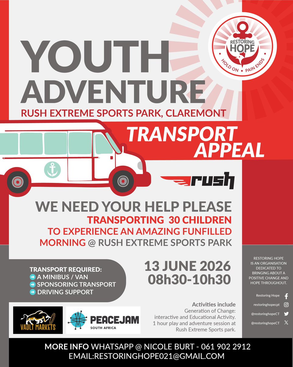 restoringhopeCT's tweet photo. Y O U T H E X C U R S I O N 🧑‍🧑‍🧒‍🧒

Together with our long standing partners @rushclaremont @PeacejamSA and @vaultmarkets , we’ll be taking 30 incredible children and youth on a meaningful adventure — a day filled with fun, connection, and learning. 🩵❤️ https://t.co/70e0qAzOPI