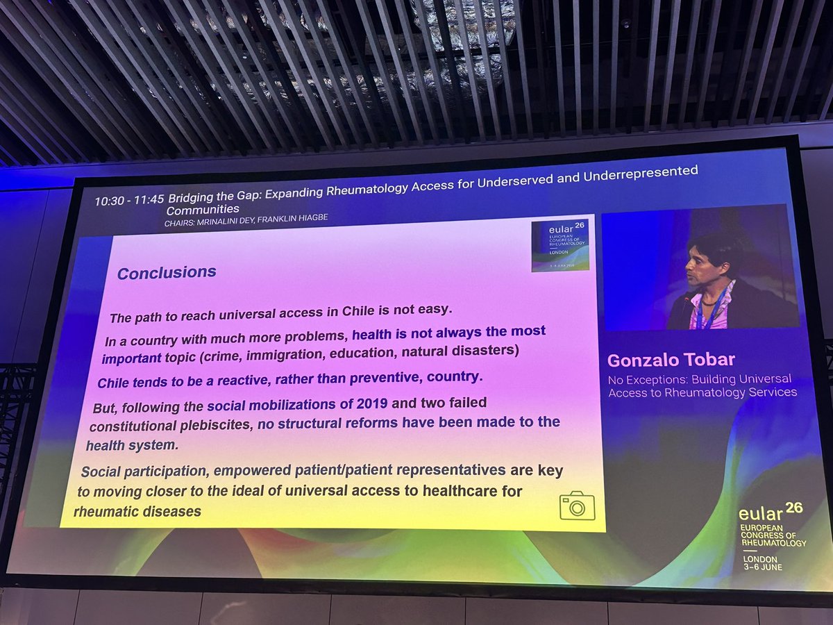 LupusEurope's tweet photo. Universal access is not easy, and legal guarantees alone are not enough.

@pinkycito from @Lupus_Chile highlights a key conclusion: social participation and empowered patients are essential to move closer to universal healthcare access for people with rheumatic diseases.

#EULAR2026