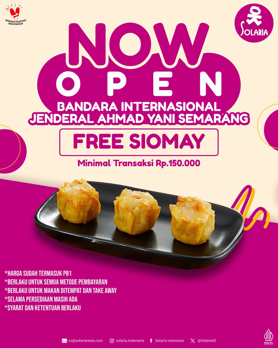 SolariaID's tweet photo. Halo #Solarians, sekarang Solaria sudah hadir di Bandara Internasional Ahmad Yani Semarang loh🎉

Buat yang lagi mau terbang atau jemput keluarga, jangan lupa mampir ya. Spesial periode opening, ada FREE Siomay yang siap nemenin momen perjalanan kamu nih 😋

Yuk sekalian isi tenaga dengan menu favoritmu. Kami tunggu kedatangannya ya #Solarians! 💛

📍Solaria - Bandara Ahmad Yani Semarang Area Exhibition Hall (Public Area)

*Syarat & ketentuan berlaku
*Minimal transaksi 150rb
*Selama persediaan masih ada
*Periode s.d 7 Juni 2026

#Solaria #Solariaresto #Solariaindonesia