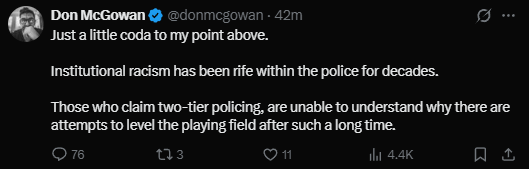 Tanski81's tweet photo. @DoomedEternal @CountDankulaTV @donmcgowan No, he admits it's a thing, he just doesn't like the word "two-tier policing"; he would prefer you call it "leveling the playing field" https://t.co/o6fDvgahl1